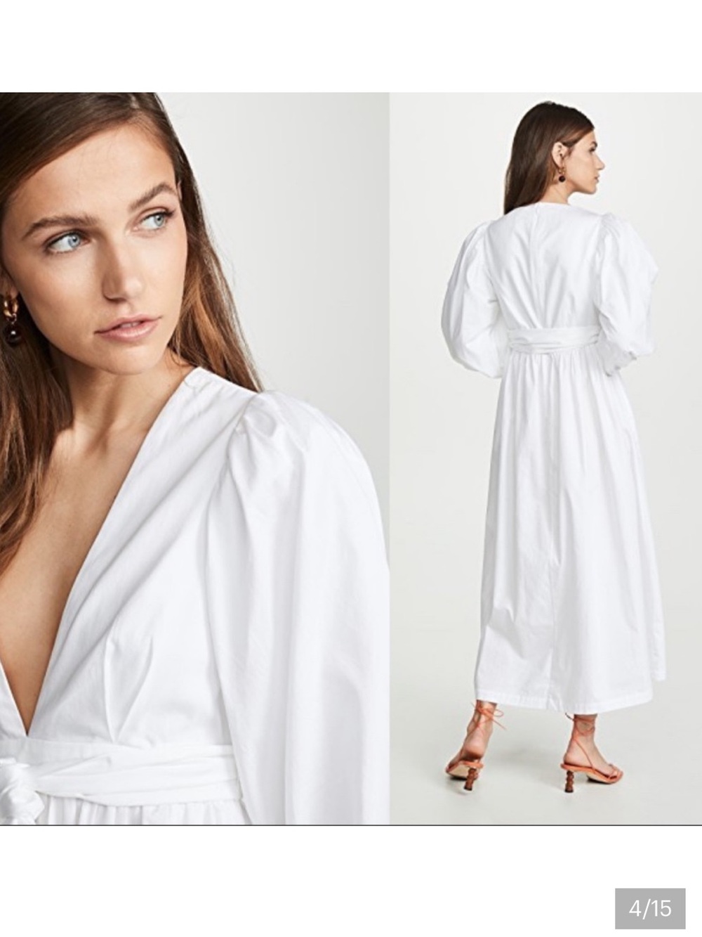 Mara Hoffman Maise Cotton Belted Deep V Puff Sleeves White Minimalist Dress, S - Picture 3 of 10
